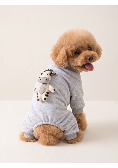 Moo Moo Cozy Köpek Tulumu Gri Melanj Kalın Penye Köpek Kıyafeti Yumuşak İnek Oyuncak Aksesuarlı