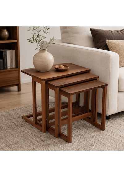 Ganni Home Andera 3 Lü Zigon Sehpa Seti Ceviz Gürgen İskeletli, İç İçe Geçebilen Modern Tasarım