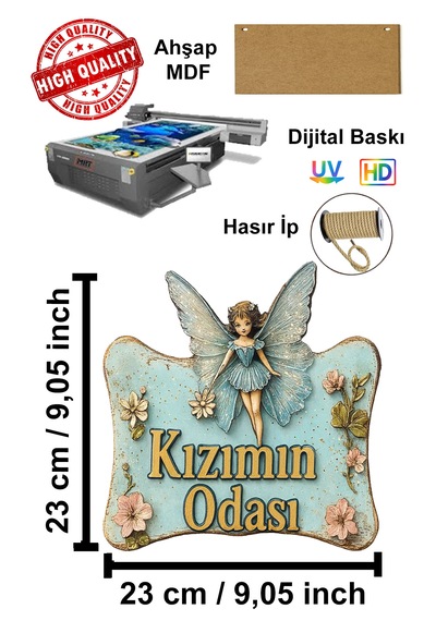 Kızımın Odası Yazılı Melek Tasarımlı Ahşap Mdf Kapı Süsü - Uv Hd Baskılı Eskitme Turkuaz