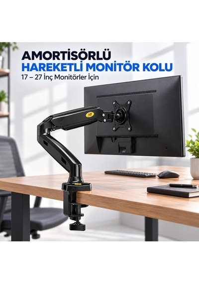Nb F80 17-27 İnç Gazlı Amortisörlü Monitör Kolu Hareketli Masa Montaj Aparatı Siyah