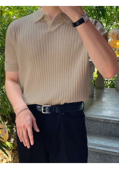 Erkek Fitilli Polo Yaka Triko T-shirt Gri