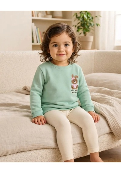 Tuffy Mint Bebek Nil Yeşili Renkli Diagonal Sweatshirt Sevimli Tavşan Nakışlı