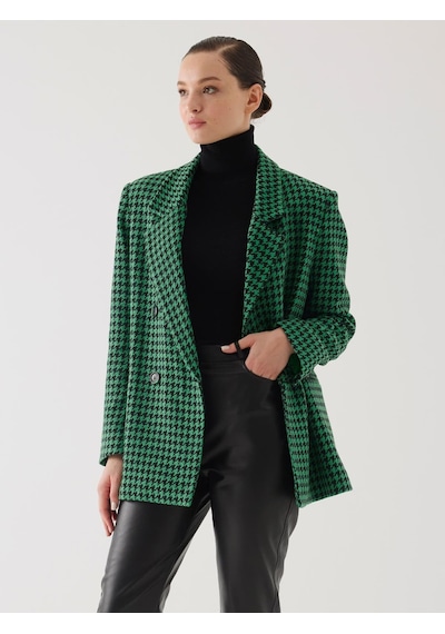 Juste Kazayağı Desen Kruvaze Yeşil Oversize Blazer Ceket Çok Renkli 34