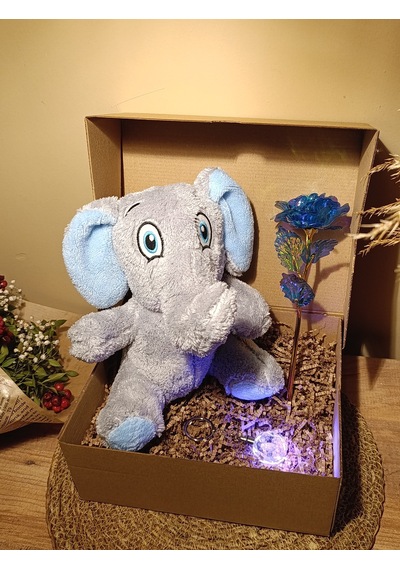 Kutulu Hediye Seti / Peluş Fil 24cm - Renk Değiştiren Işıklı Anahtarlık - Sonsuzluk Gülü
