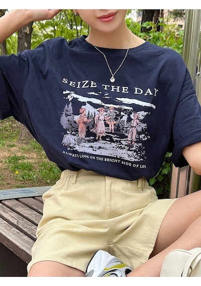 Flood Of Style Kadın Lacivert Seize The Day Baskılı Oversize T-shirt