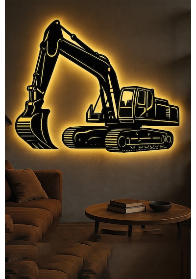 Led Işıklı Ekskavatör İnşaat Temalı İş Makinesi Tablosu Dekoratif Duvar Dekoru Sarı - 801016783 Sarı