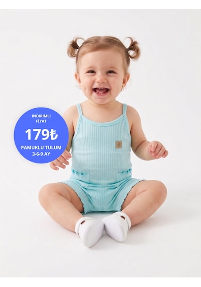 HelloBaby Pamuklu İp Askılı Cep Detaylı Kız Bebek Tulum Mavi
