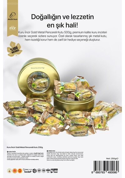 250g Kuru Incir Gold Metal Pencereli Kutu 250 G