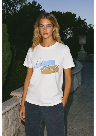 Kadın %100 Pamuk Bisiklet Yaka Baskılı Lacivert T-shirt Çok Renkli