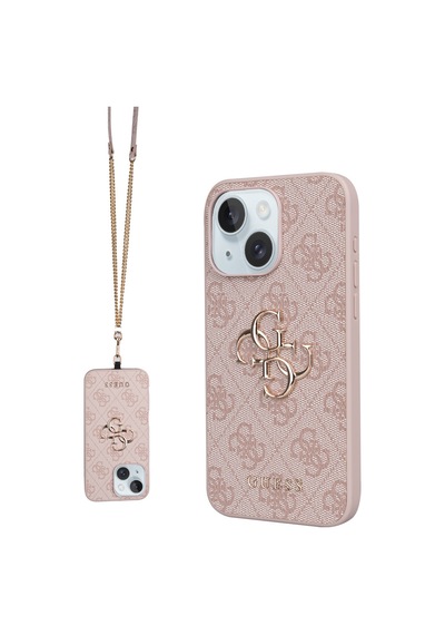 Apple Uyumlu iPhone 15 Plus Kılıf Guess Lisanslı Pu 4g Büyük Metal Logolu Çapraz Vücut Askılı Kapak Pembe Pembe