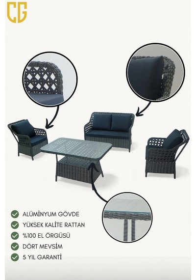 İcon Raddan 2+1+1 Çay Seti Balkon Teras Bahçe Mobilyası El Örgüsü Raddan 4 Kişilik Oturma Grubu Antrasit İcon Raddan 2+1+1 Çay Seti Balkon Teras Bahçe Mobilyası El Örgüsü Raddan 4 Kişilik Oturma Grubu Antrasit