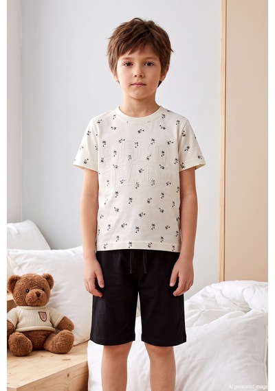 Remsa Erkek Çocuk Kısa Kol Şortlu Penye Pijama Takımı 4310 Ekru