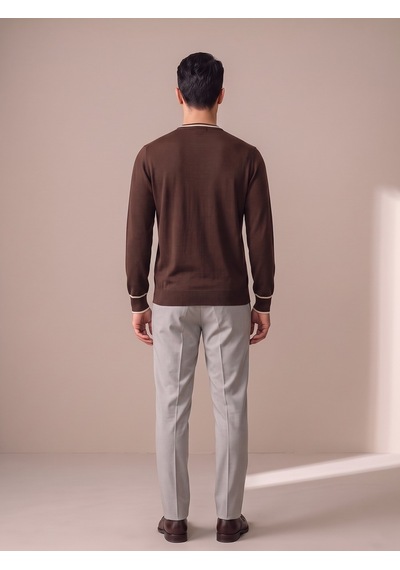 Maccali Erkek Koyu Kahve Kontrast Şeritli Bisiklet Yaka Triko Sweatshirt