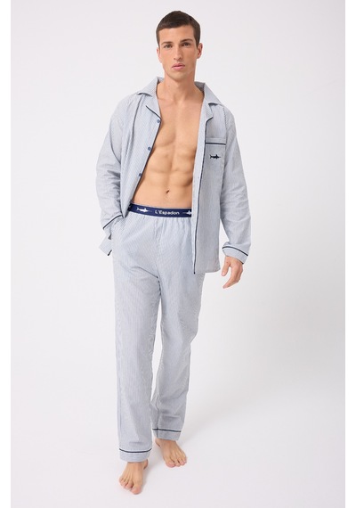 L'espadon Marısılk Seastrıpe Premium Dokuma Uzun Kollu Uzun Paçalı Erkek Pijama Takımı-3321 Mavi