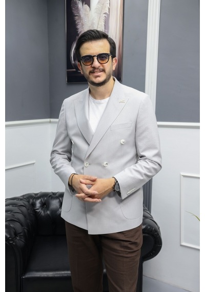Avni Ceylan Verde Dokulu Gofre Kumaş İtalyan Stil Slim Fit Kruvaze Erkek Ceket Gri