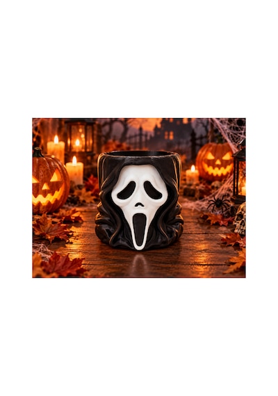 Cadılar Bayramı Çığlık Maskesi Şekerlik Halloween Korku Temalı Dekoratif Şeker Çikolata Kasesi Siyah - Beyaz Siyah - Beyaz