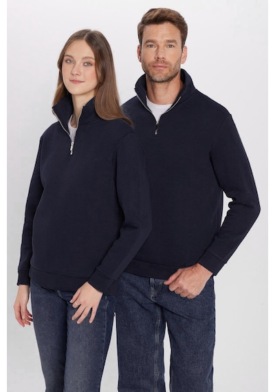 Tudors Unisex Relax Fit Rahat Kesim Pamuklu İçi Polarlı Yarım Fermuarlı Lacivert Dik Yaka Sweatshirt-32669 Lacivert