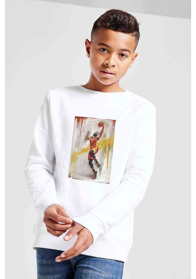 Tshirthane Basketbolcu Spor Baskılı Unisex Çocuk Beyaz Sweatshirt Beyaz