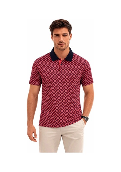 Erkek Pike Kumaş Polo Yaka Desenli Tişört Kısa Kol Yazlık T-shirt - Kırmızı