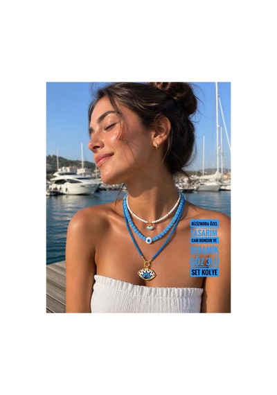 Seramik Göz Cam Boncuk Bodrum Nazar Boncuk Set Mavi Nazar Göz Kolye Set Mavi