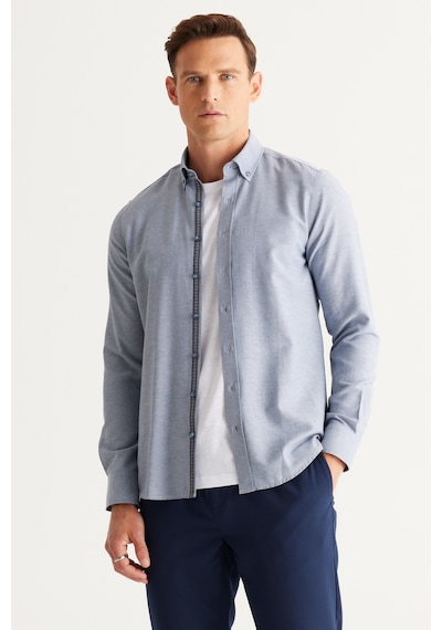 AC&Co / Altınyıldız Classics Erkek Indıgo Slim Fit Dar Kesim Düğmeli Yaka Pamuklu Armürlü Gömlek İndigo