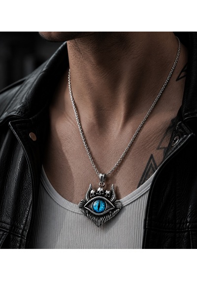 Mavi Ejderha Gözü Kolye Gotik Kafatası Detaylı Paslanmaz Çelik Kolye