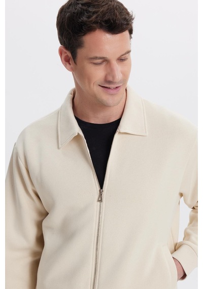 Tudors Unisex Relax Fit Rahat Kesim Pamuklu İç Polarlı Fermuarlı Bej Polo Yaka Flato Cepli Sweatshirt Hırka-41998 Bej