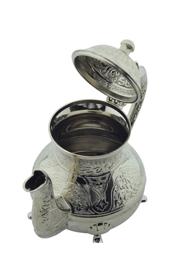 Dekoratif Gümüş Renkli Zarif İşlemeli Metal İbrik Demlik 17cmx22cm M2 Gümüş