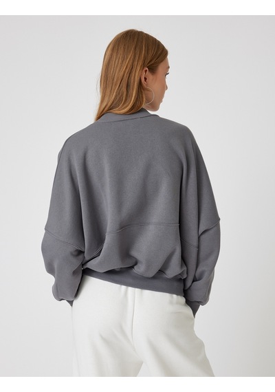 Koton Oversize Fermuarlı Sweatshirt Dikiş Detaylı Bisiklet Yaka Gri 5wal10014ık Gri