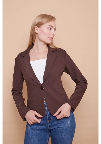 Yakalı Flato Cepli Uzun Kol Pamuklu Kumaş Kısa Blazer Ofis Ceket -kahve Kahve