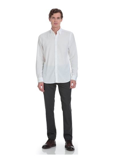 Hatemoğlu Beyaz Comfort Fit Çizgili Düğmeli Yaka 100% Pamuk Uzun Kollu Casual Gömlek