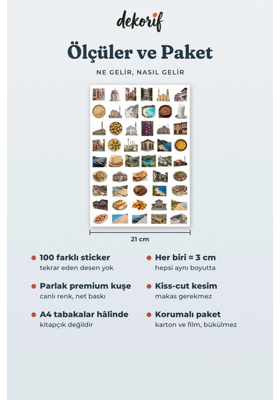 Balıkesir Sticker Seti 100 Adet - Cunda Ayvalık Tostu Saat Kulesi Gerçekçi Ajanda Journal Çıkartma Çok Renkli