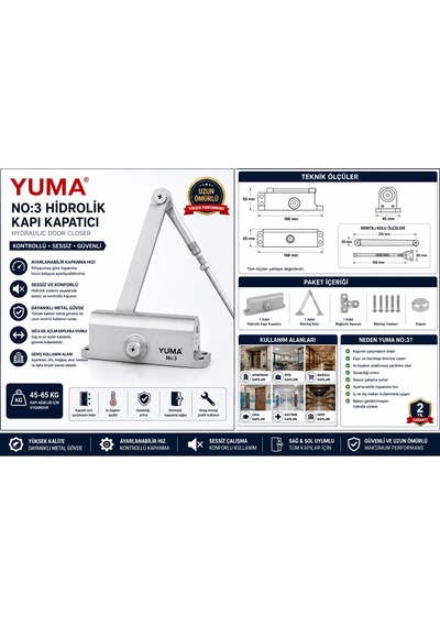 Yuma Hidrolik Kapı Kapatıcı, No 3 Kapı Yayı, Hidrolik Kapı Yayı, Otomatik Kapı Kapatıcı, Kapı Kapatma Mekanizması, Kapı 1 Adet Kapı Hidroliği