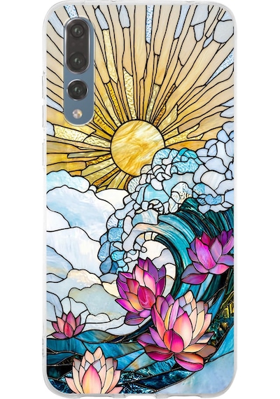 Printify Huawei P20 Pro İle Uyumlu Vitray Okyanus Sabahı Tasarımlı Şeffaf Silikon Kılıf Şeffaf