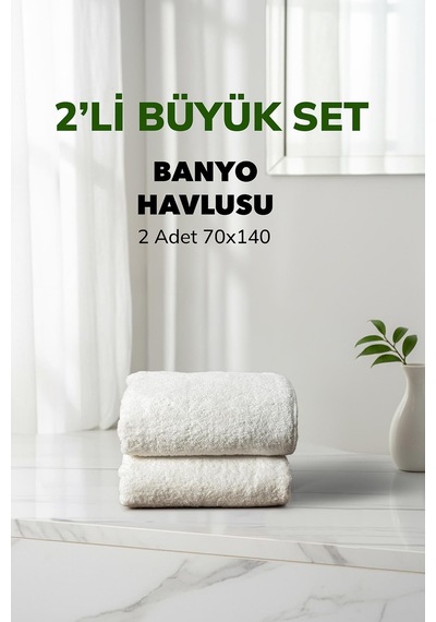 2 Li Kareli Beyaz Renk Yumuşak Pamuk Banyo Havlu Seti 70x140 Cm