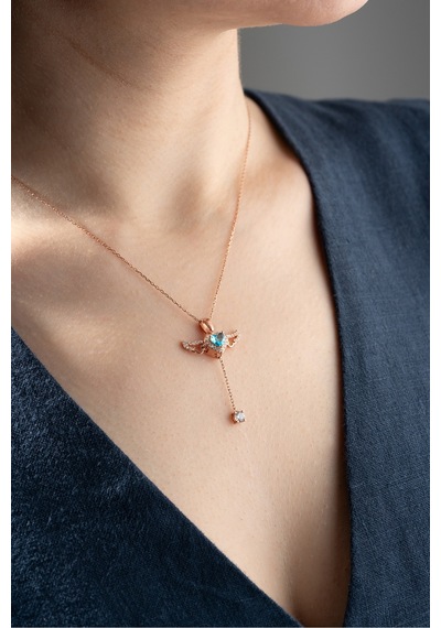 Nereze 925 Ayar Gümüş Hareketli Aquamarin Taşlı Kanatlı Kalp Kolye