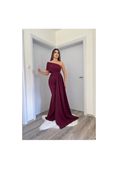 Lior Design Kadın Zarif Stil Tek Omuz Kuyruklu Balık Kesim Abiye Elbise Bordo