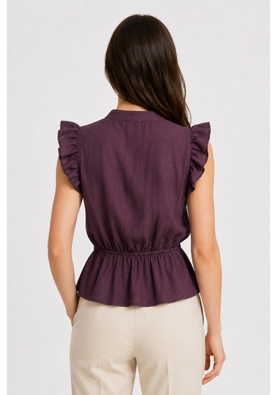 Mixray 4921 Kadın Volanlı Hakim Yaka Jakarlı Peplum Bluz Mürdüm