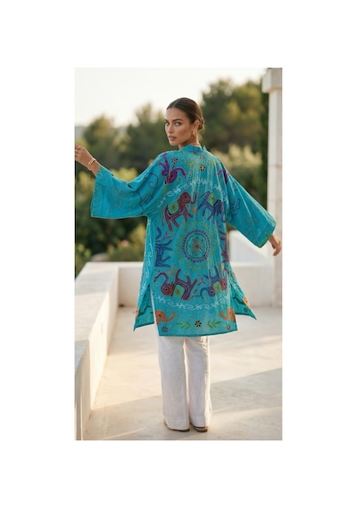 Lila Mare Hint Nakışlı Cotton Kimono Mavi Mavi