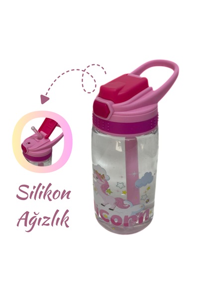 480 Ml Baskılı Çocuk Matarası Kilitli Kapak Ve Taşıma Kulpu Pembe