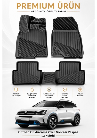 Citroen C5 Aircross 2025 Sonrası 1.2 Hybrid Uyumlu 3d Havuzlu Siyah Tpe Kauçuk Oto Paspas Araca Özel Klipsli Kaymaz