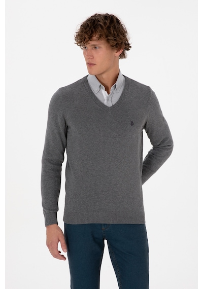 U.S. Polo Assn. Erkek Slim Fit V Yaka Gri Melanj Basic Triko Kazak 50313662-VR086