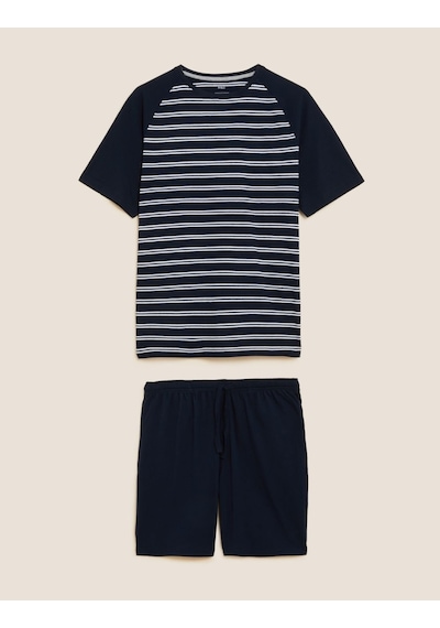 Marks & Spencer Saf Pamuklu Kısa Kollu Pijama Takımı T07000004 Lacivert