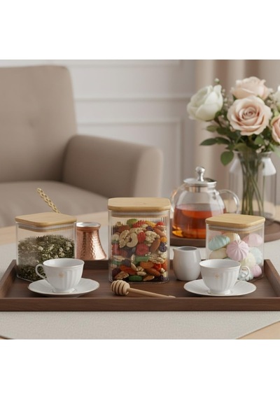 Bambu Kapaklı Kare Cam Kavanoz 350 Ml, Sızdırmaz Contalı, Şeffaf Çizgili Tasarım, Çok Amaçlı Saklama Kabı Çok Renkli