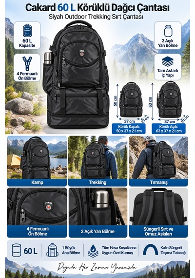 Dodomar Cakard Siyah 60 L Körüklü Dağcı Sırt Çantası Outdoor Trekking 63x37x21 Cm Desenli