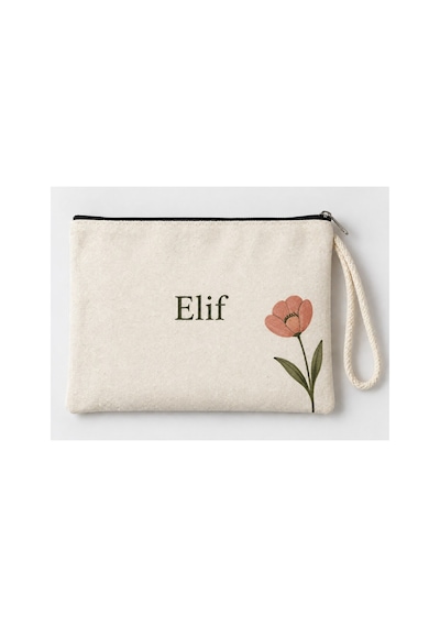 Kişiye Özel Lale Köşe Baskılı Fermuarlı Makyaj Çantası Bozuk Para Cüzdanı Clutch Model 01280