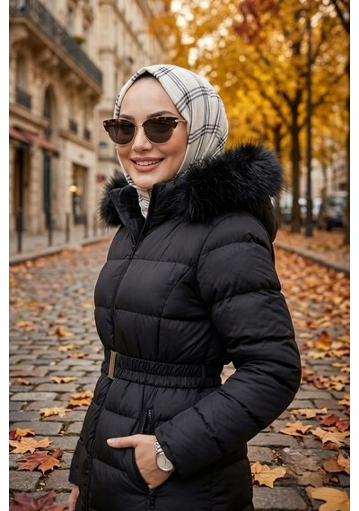 Hb Harma Time Butik Kadın Kapüşonlu Kemerli Uzun Şişme Siyah Mont Siyah Siyah