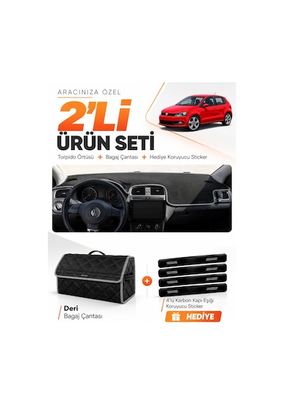 E-biz Volkswagen Polo 2009-2019 Uyumlu Torpido Örtüsü + Deri Bagaj Çantası - Siyah-gri - Vw021