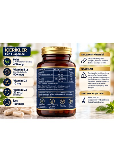 Novacolin Novafol Metilfolat B12 B6 D3 İyot 30 Bitkisel Kapsül