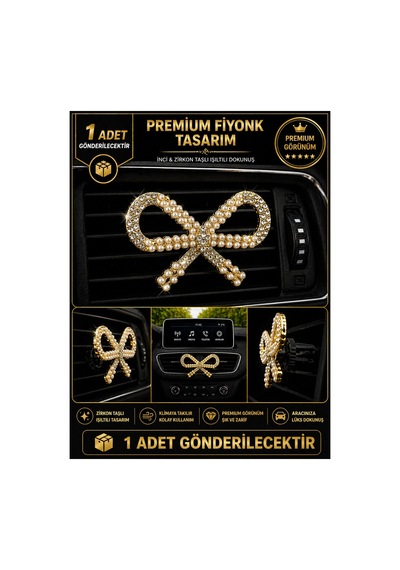 İnci & Zirkon Taşlı Fiyonk Araç İçi Klima Süsü Altın Renk Premium Lüks Oto Aksesuarı